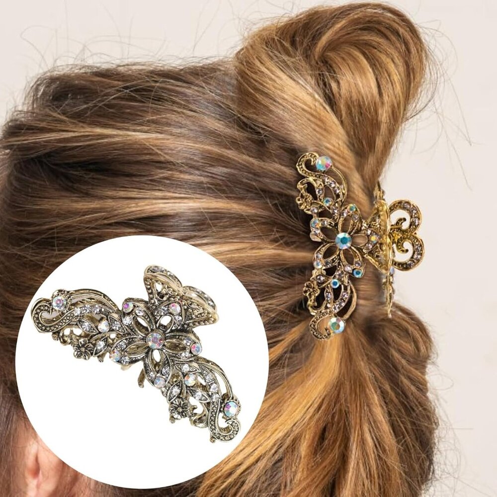Fancy Hair Claw Jaw Clips Pins For Womens, Vintage Rhinestone Crystal Flowers Ha - Picture 2 of 6
